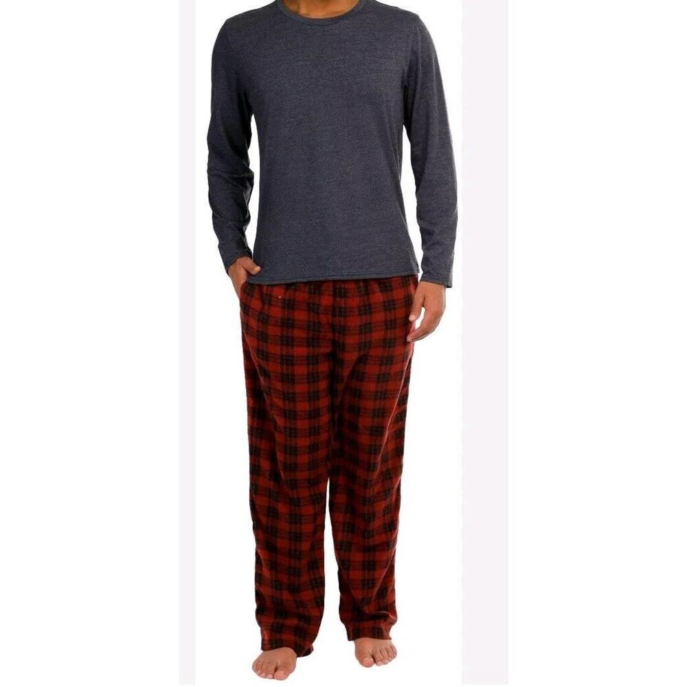 FRYE Men’s 2 PC Gray Long Sleeve Crew + Plaid Microfleece Pant Sleep Set NIB Med